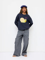 Terry Round Neckline Snail Applique Oversized Sweatshirt