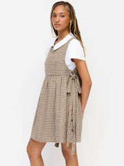 Flannel Round Neckline Tartan Tie Side Knotted Ruffle Hem Mini Dress