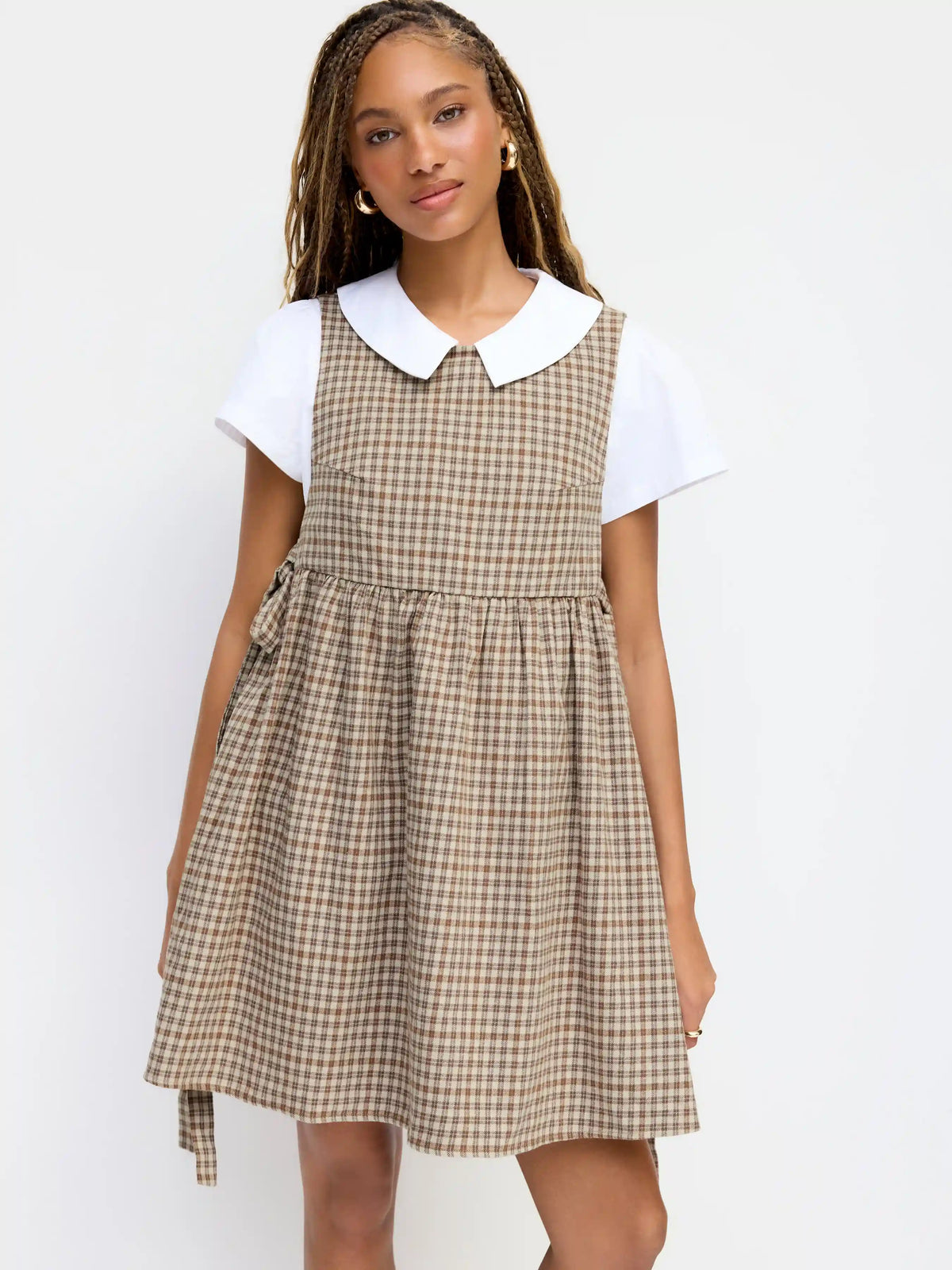 Flannel Round Neckline Tartan Tie Side Knotted Ruffle Hem Mini Dress