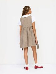 Flannel Round Neckline Tartan Tie Side Knotted Ruffle Hem Mini Dress