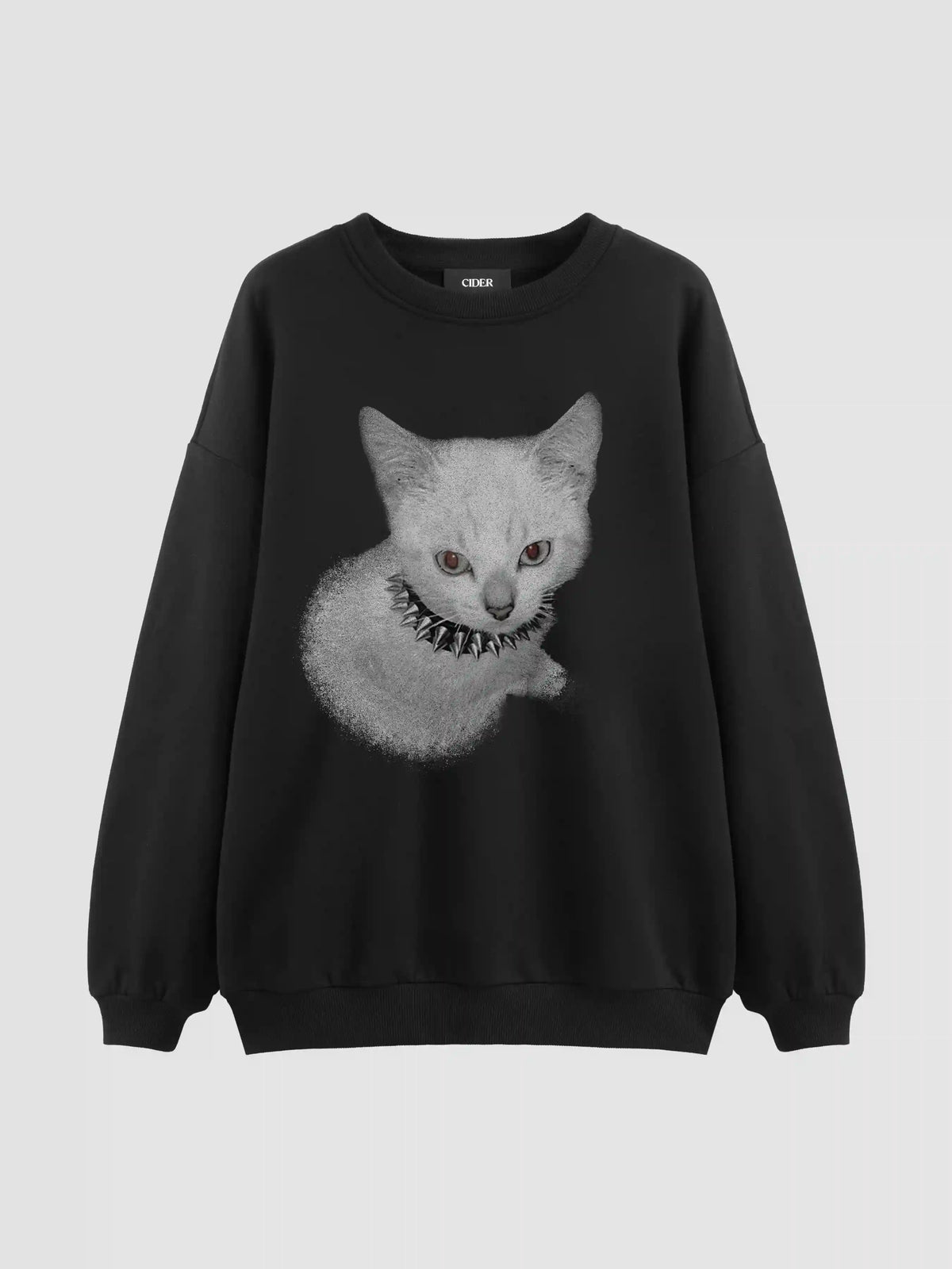 Cotton-blend Cat Graphic Round Neckline Long Sleeve Oversized Sweatshirt