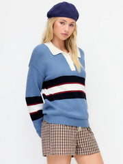 Knit Collar Stripe Button Oversized Top