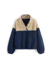 Fleece Stand Collar Two Tone Patchy Drawstring Oversized Sweatshirt