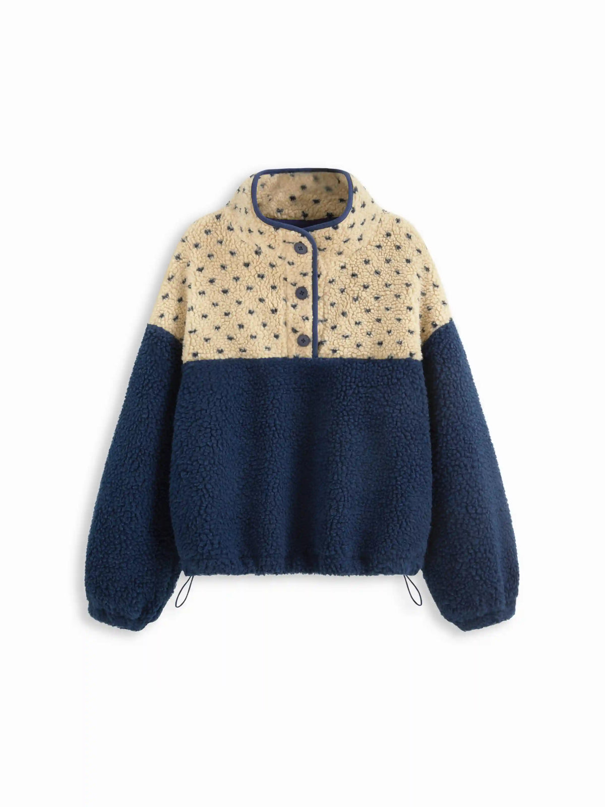 Fleece Stand Collar Two Tone Patchy Drawstring Oversized Sweatshirt