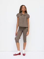 Peter Pan Collar Houndstooth & Polka Dot Button Short Sleeve Blouse