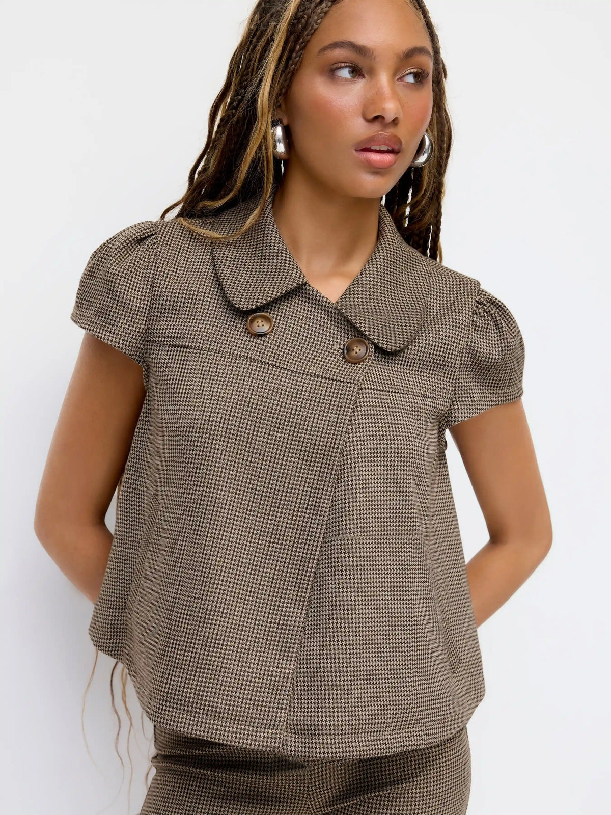Peter Pan Collar Houndstooth & Polka Dot Button Short Sleeve Blouse