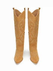 POINTED-TOE EMBROIDERED SUEDE KNEE HIGH BOOTS