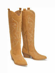 POINTED-TOE EMBROIDERED SUEDE KNEE HIGH BOOTS