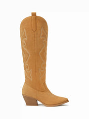 POINTED-TOE EMBROIDERED SUEDE KNEE HIGH BOOTS