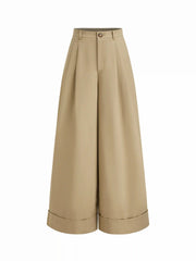 Cotton-blend Low Rise Pleated Roll Hem Wide Leg Trousers