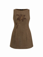 Boat Neck Houndstooth Floral Applique Mini Dress Curve & Plus