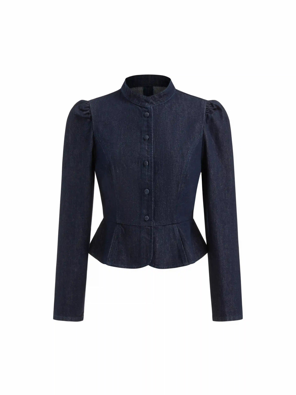 Denim Stand Collar Puff Long Sleeve Cinched Waist Button Jacket