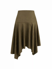 Suede Mid Rise Ruffle Hanky Hem Midi Skirt