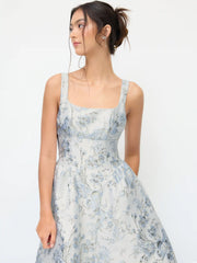 Jacquard Sculptural Square Neck Floral Bowknot Midi Dress