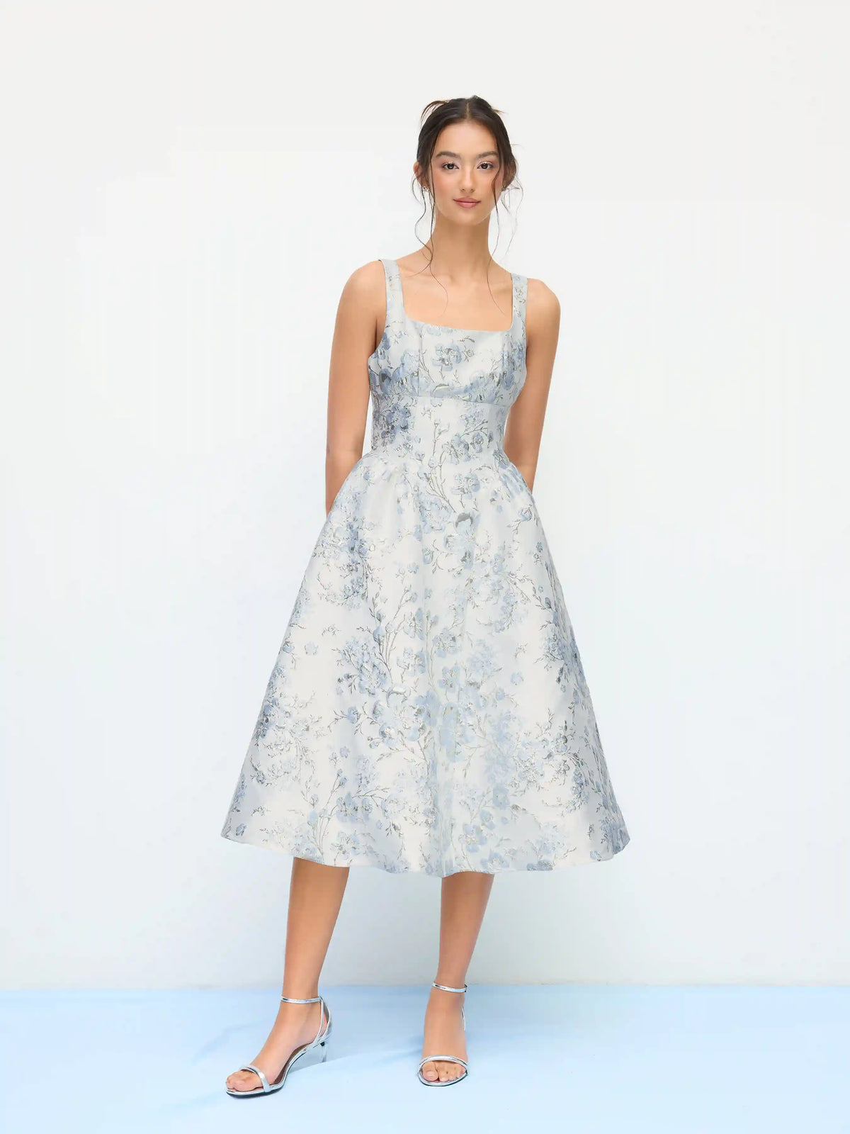 Jacquard Sculptural Square Neck Floral Bowknot Midi Dress
