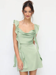 Satin Sweetheart Neck Ruffle Hem Backless Mini Dress