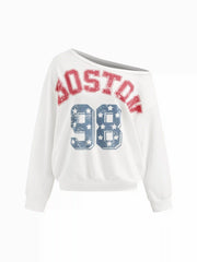 98 Boston Star Graphic Asymmetrical Neck Oversized Sweatshirt
