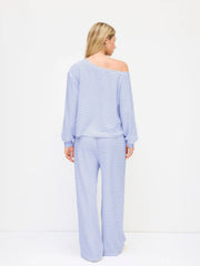 Cotton-blend Asymmetrical Neck Striped Oversized Top & Mid Rise Drawstring Trousers Loungewear Set