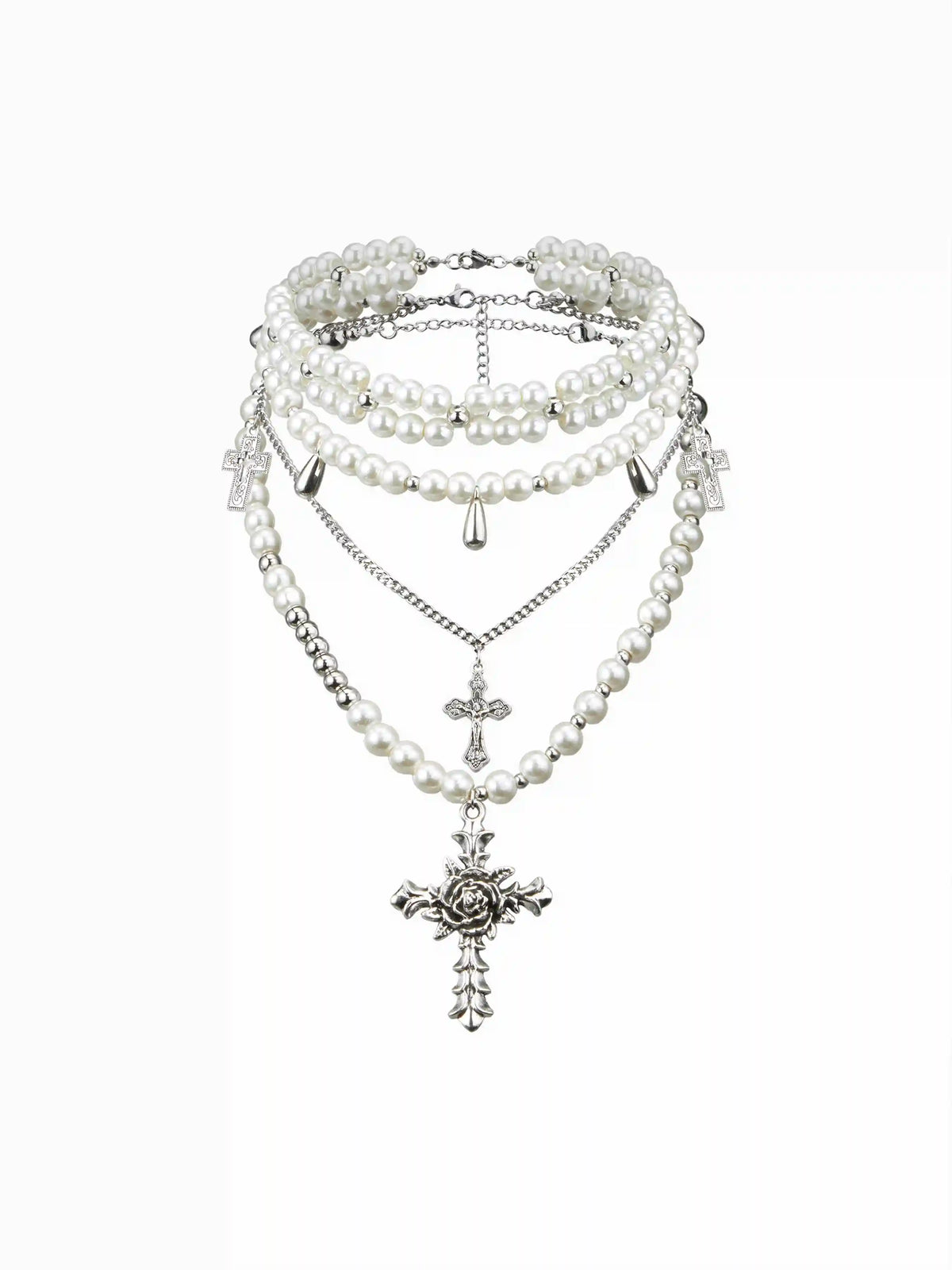 ENGRAVED CROSS & FAUX PEARL LAYERED NECKLACE