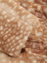 Deer Print Faux Fur Collar Toggle Button Crop Jacket