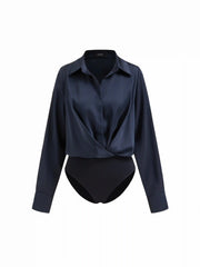 Satin Collar Long Sleeve Wrap Shirt Bodysuit