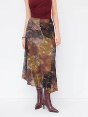 Mesh Mid Rise Abstract Graphic Floral Asymmetrical Hem Maxi Skirt