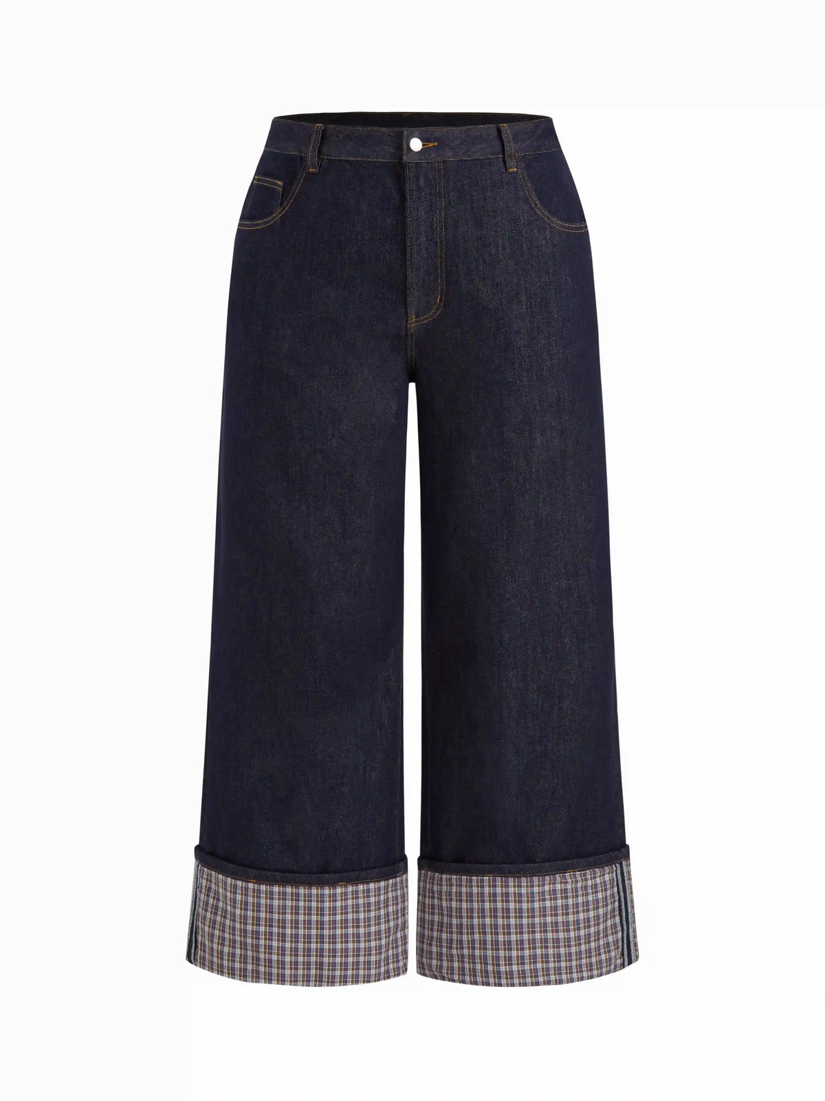 Cider Stretch Denim Mid Rise Plaid Roll Hem Straight Leg Jeans Curve & Plus