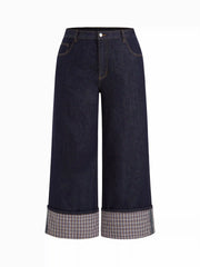 Cider Stretch Denim Mid Rise Plaid Roll Hem Straight Leg Jeans Curve & Plus