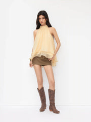 Halter Neckline Knotted Layered Ruffle Hem Blouse