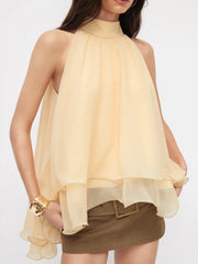Halter Neckline Knotted Layered Ruffle Hem Blouse