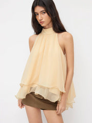 Halter Neckline Knotted Layered Ruffle Hem Blouse