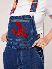 Denim Lobster Applique Contrasting Binding Straight Leg Jumpsuit