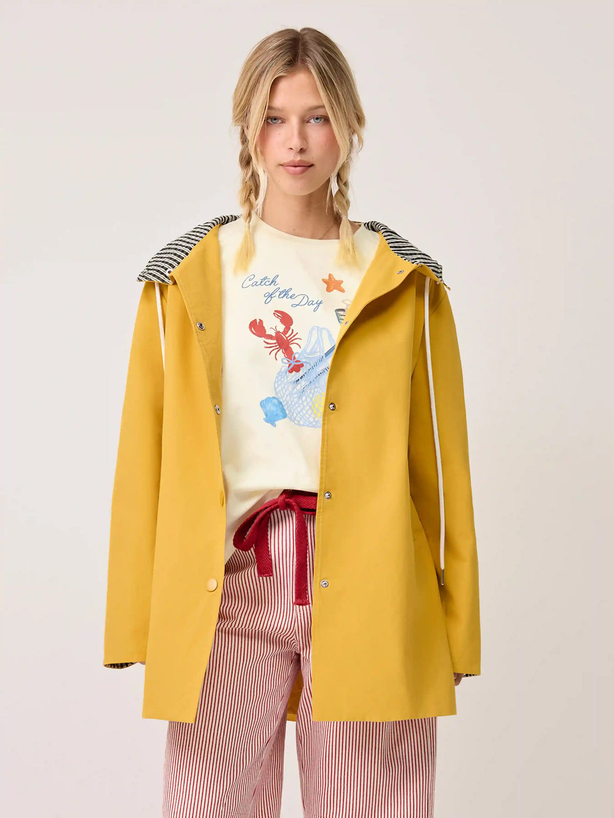Two Tone Cotton-blend Hooded Plaid Drawstring Oversized Trench Coat