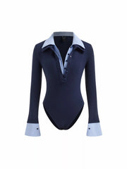 Two Tone Cotton Collar Striped Long Sleeve Bodysuit