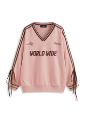 Cotton-blend V-neck World Wide Graphic Side Striped Bowknot Oversized Sweatshirt