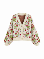 Knit V-neck Strawberry Button Oversized Cardigan