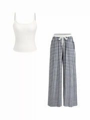 U-neckline Cami Top & Mid Rise Gingham Lace Drawstring Wide Leg Trousers Loungewear Set
