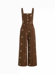 Corduroy Floral Backless Pocket Wide Leg Jumpsuit