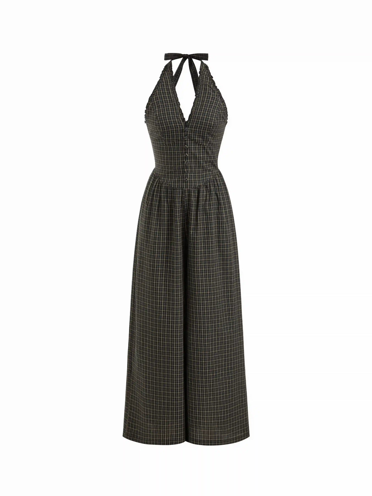 Cotton Halter Neckline Plaid Lettuce Trim Shirred Wide Leg Jumpsuit