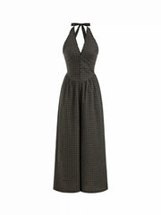 Cotton Halter Neckline Plaid Lettuce Trim Shirred Wide Leg Jumpsuit