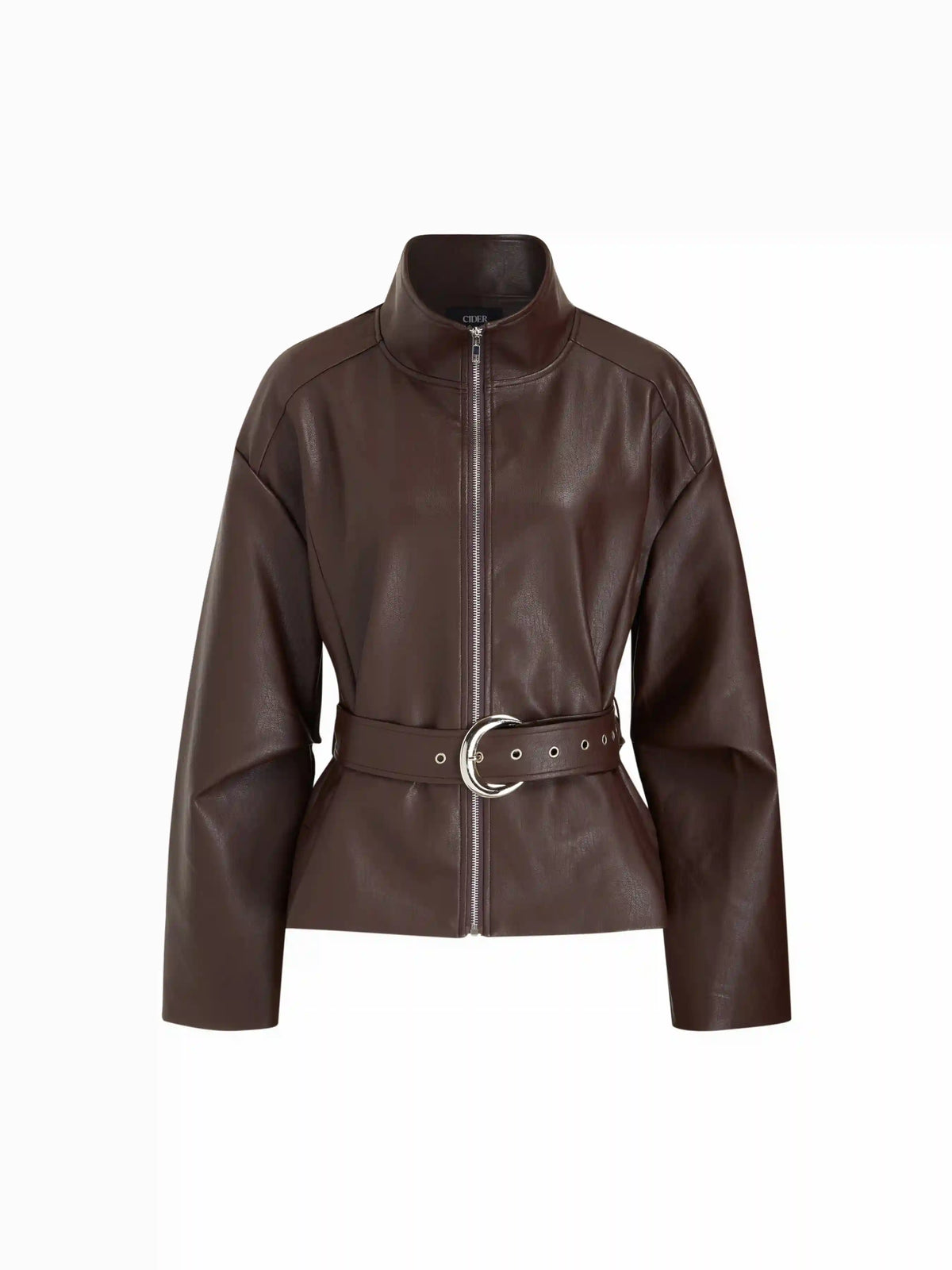 Faux Leather Stand Collar Zip Through Jacket With Belt