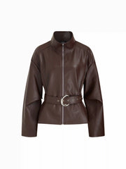 Faux Leather Stand Collar Zip Through Jacket With Belt