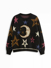 Knit Star & Moon Pattern Oversized Top Curve & Plus