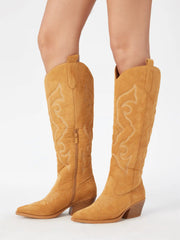 POINTED-TOE EMBROIDERED SUEDE KNEE HIGH BOOTS