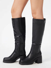 SQUARE TOE CHUNKY HEELED FAUX LEATHER KNEE HIGH BOOTS