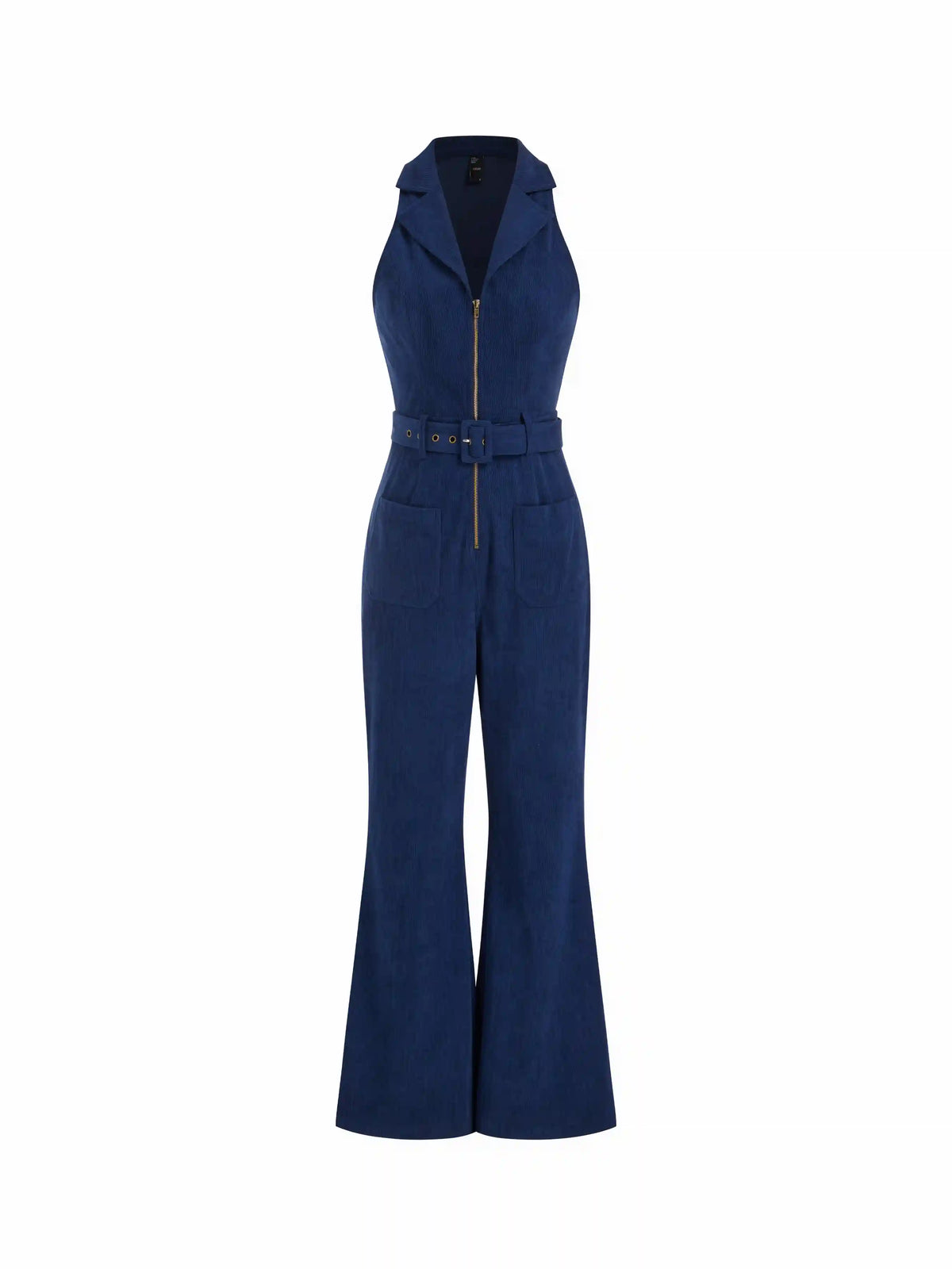 Corduroy Collar V-neck Zip Through Flared Jumpsuit With Belt