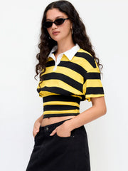 Cotton-blend Stripe Collar Short Sleeve Cinched Waist Tee