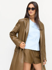 Faux Leather Notched Collar Button Oversized Longline Coat