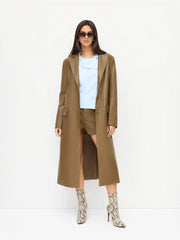 Faux Leather Notched Collar Button Oversized Longline Coat