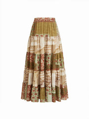 Mid Rise Aztec Two Tone Tiered Ruffle Maxi Skirt